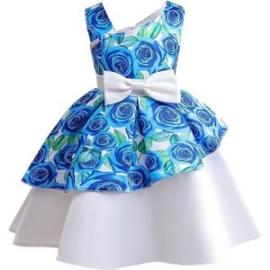 Girls Pageant Party Floral Dress w/ Bust Bowknot, Knee Length Size 3-4Y Blue